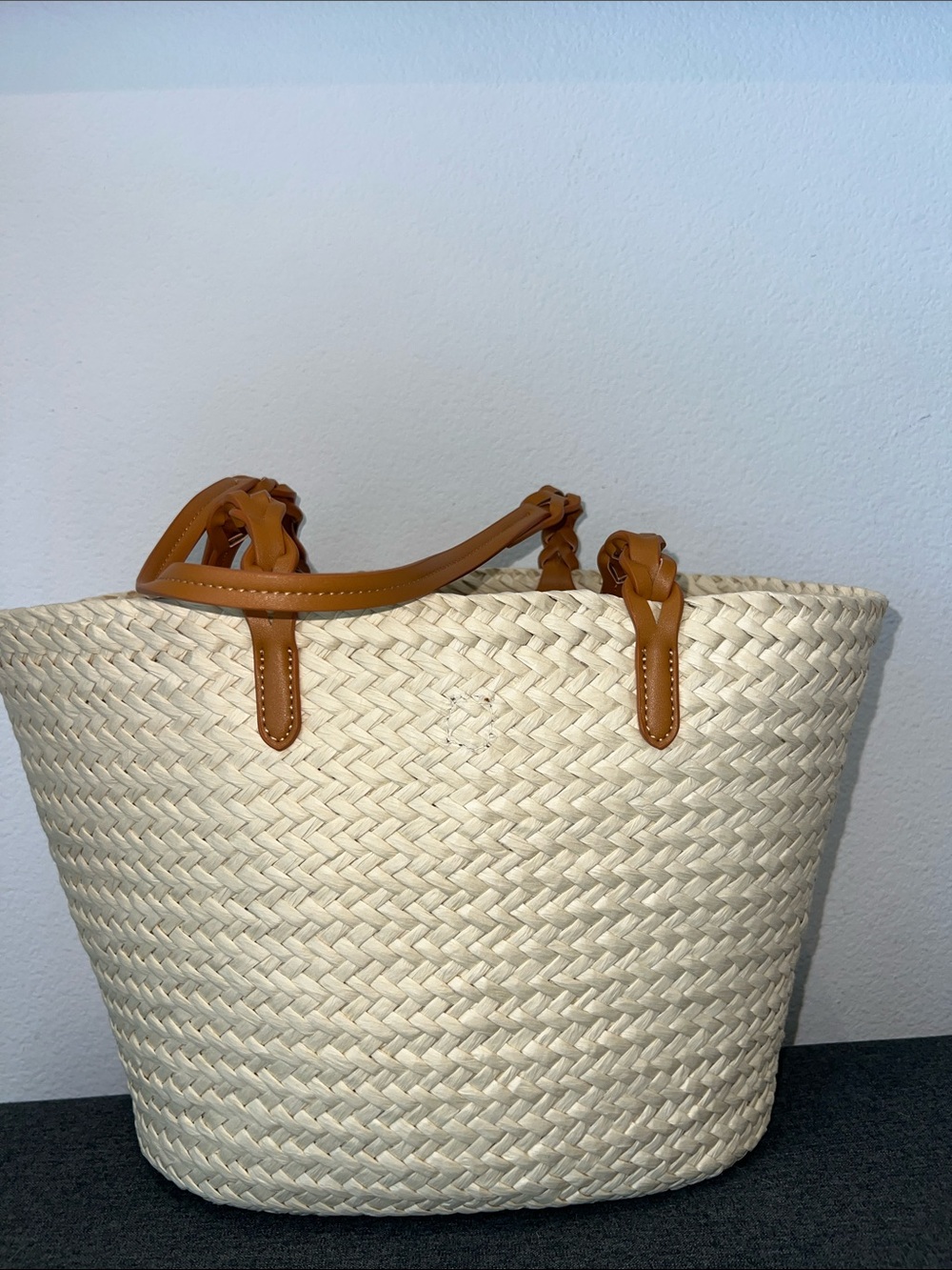 Woven Straw Tote with Tan Leather Handles